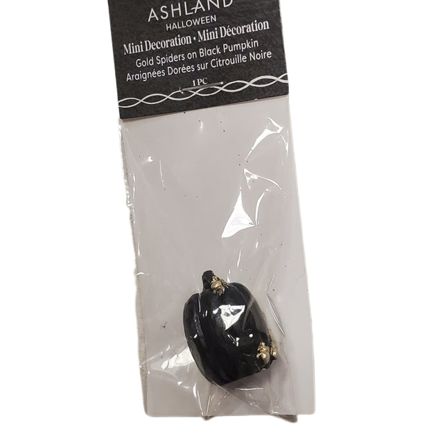 Ashland Mini Halloween Decoration Gold Spiders on Black Pumpkin 1.5 inches