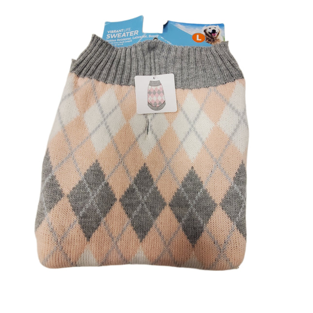 Vibrant Life Pink Argyle Dog Sweater – Large 50-90lbs