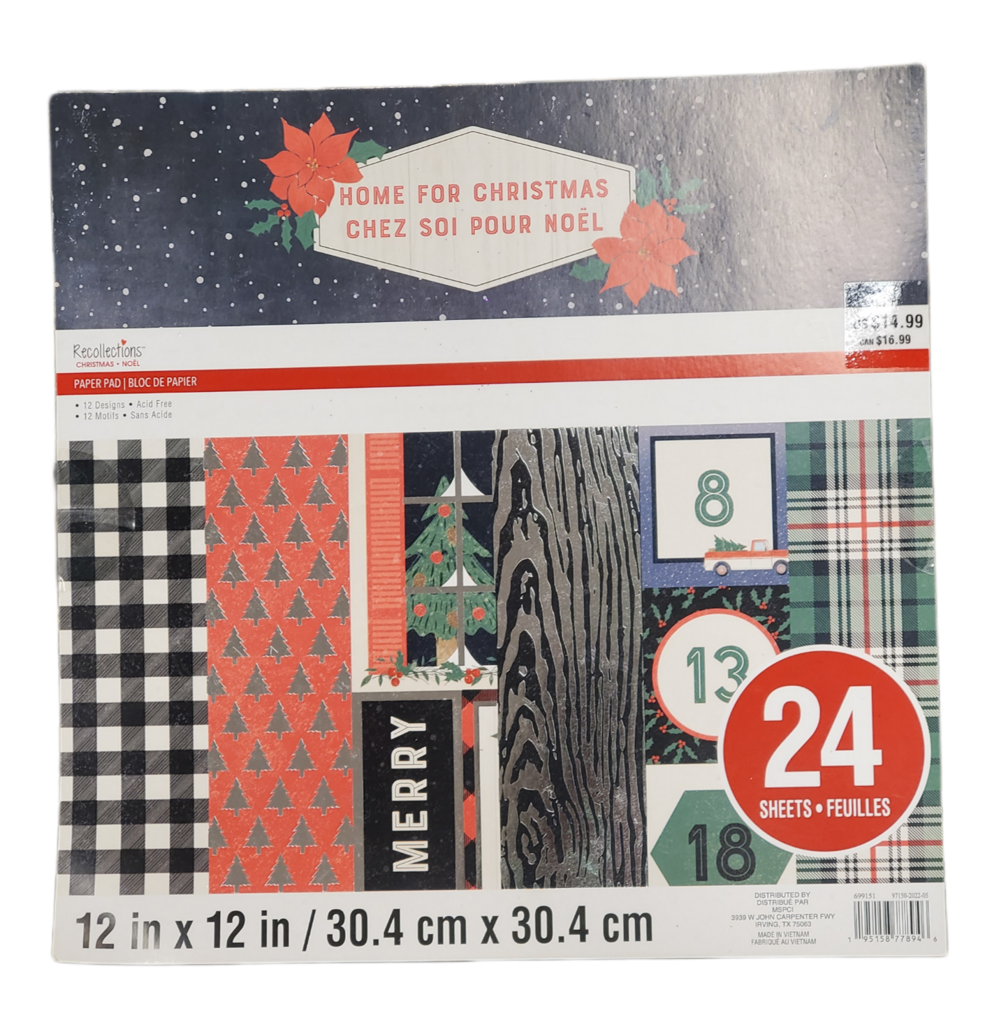 RECOLLECTIONS 12 DESIGNS CHRISTMAS PAPER PAD 24 SHEETS 12" X 12"