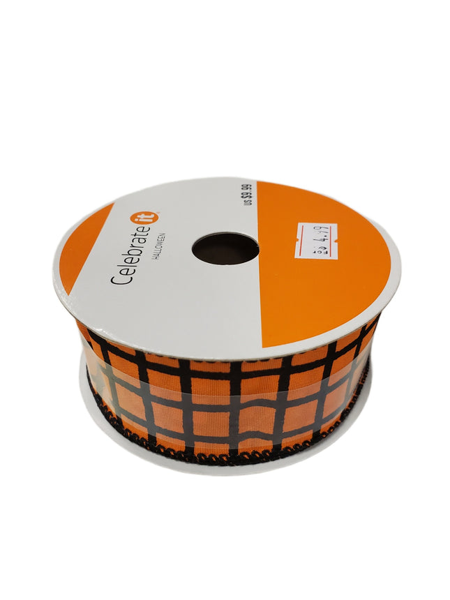 Wired Ribbon 1.5" x 25ft - Halloween Orange Plaid by Celebrate It