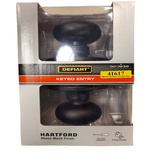 Matte Black Defiant Hartford Keyed Door Knob