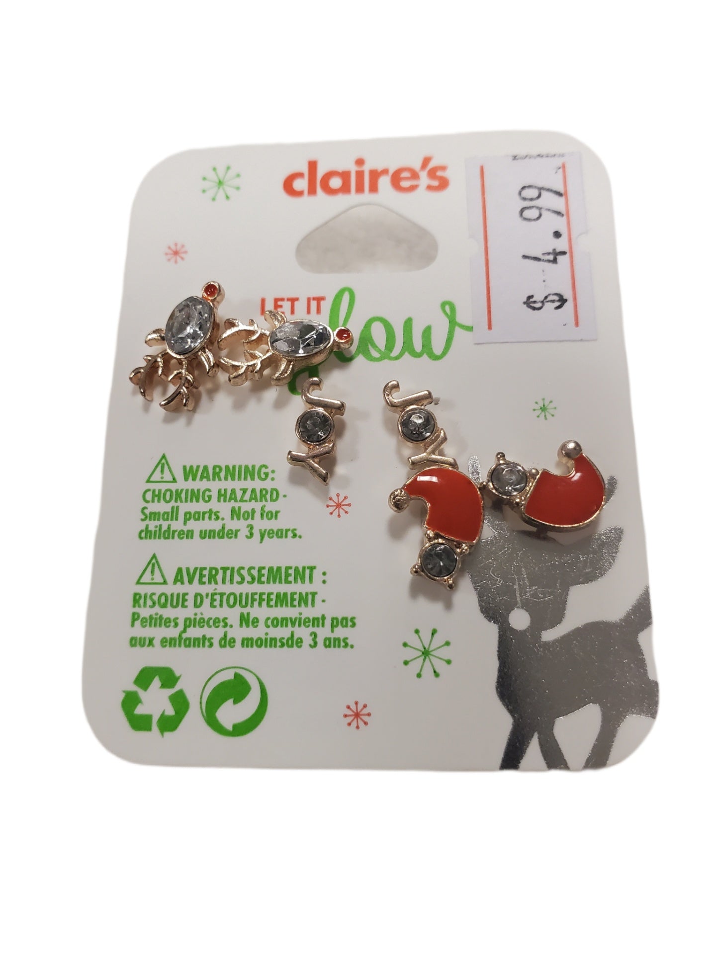 Claire's Let It Glow Christmas Stud Earrings 3 Pair Pack NWT