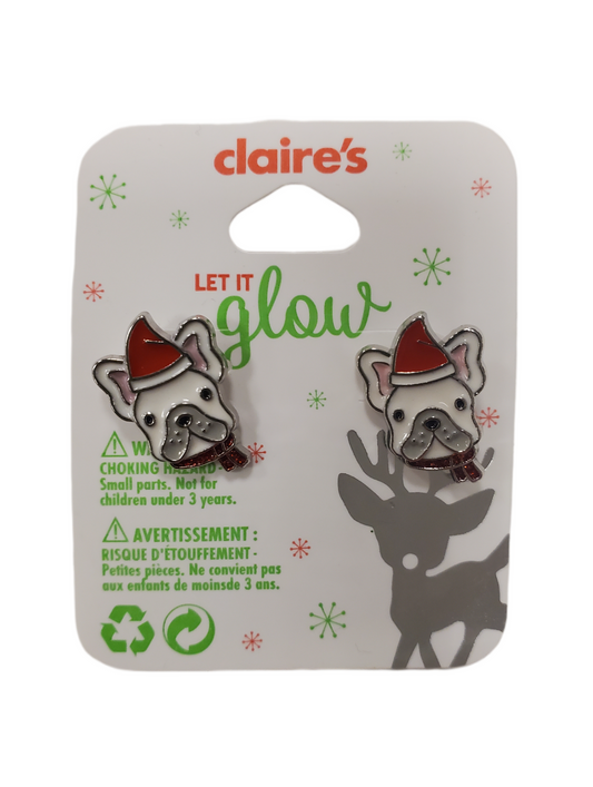 Clair’s Christmas Bull Dog Stud Earrings Glow In The Dark NWT Girl Ears Santa