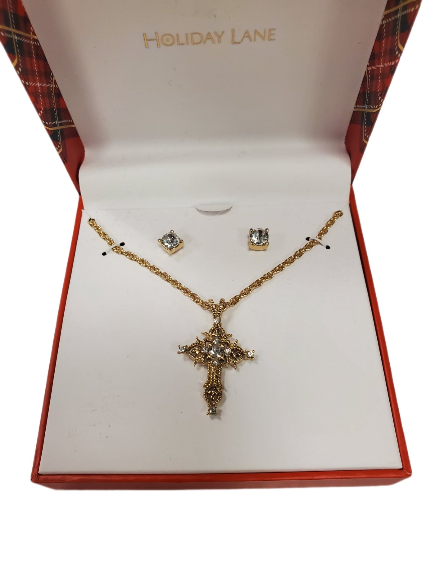 Holiday Lane Gold Cross, Chain & Earing Set