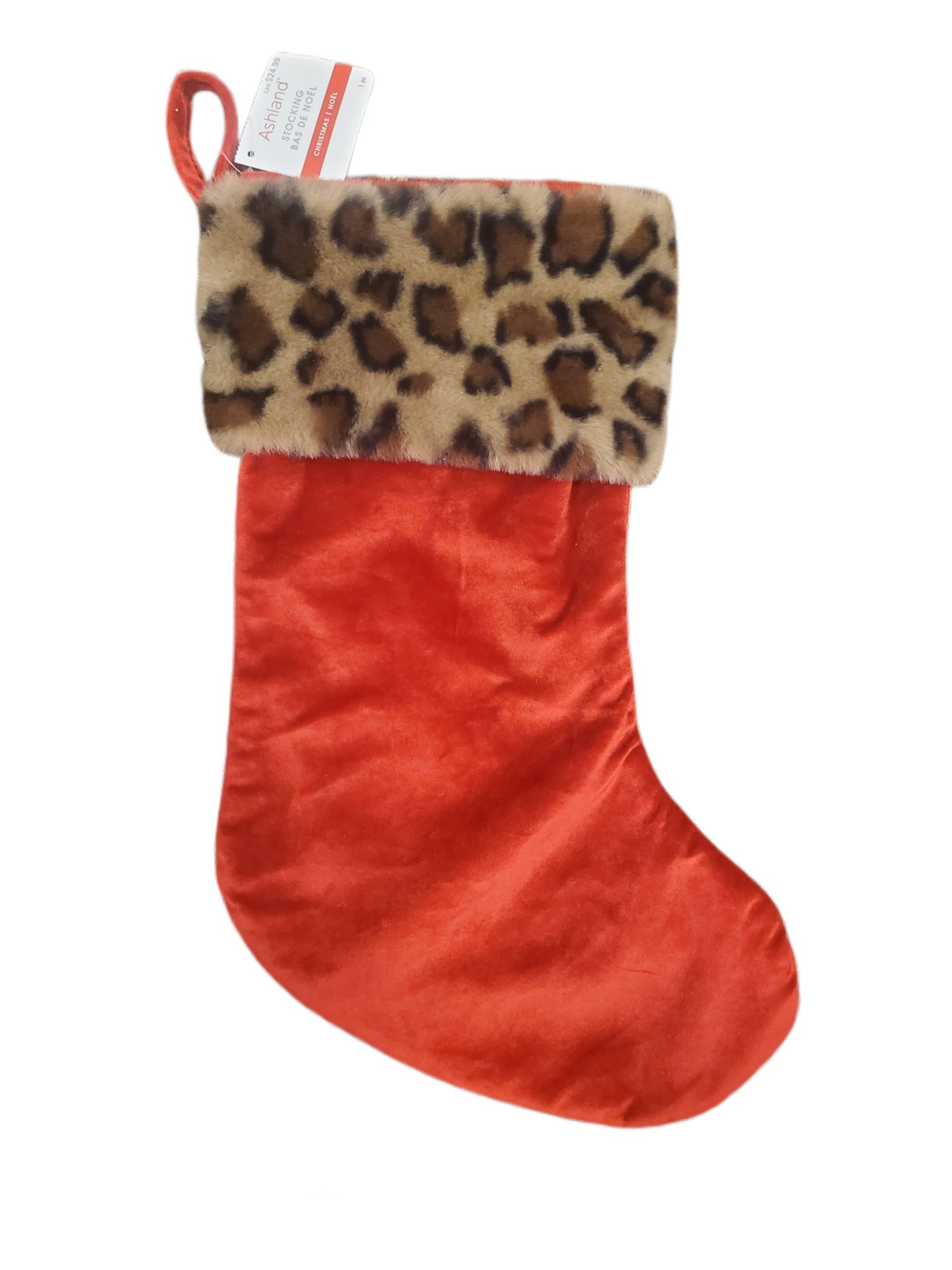 ASHLAND CHRISTMAS STOCKING RED VELVET LEOPARD PRINT 16"