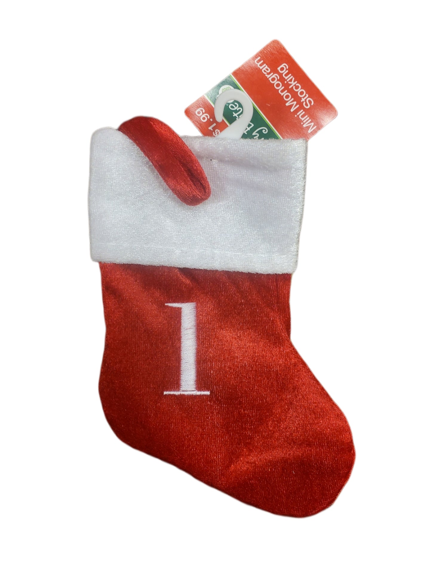 MERRY BRITE MONGRAM STOCKING, MINI, NUMBER "1" 7 X 5 INCHES