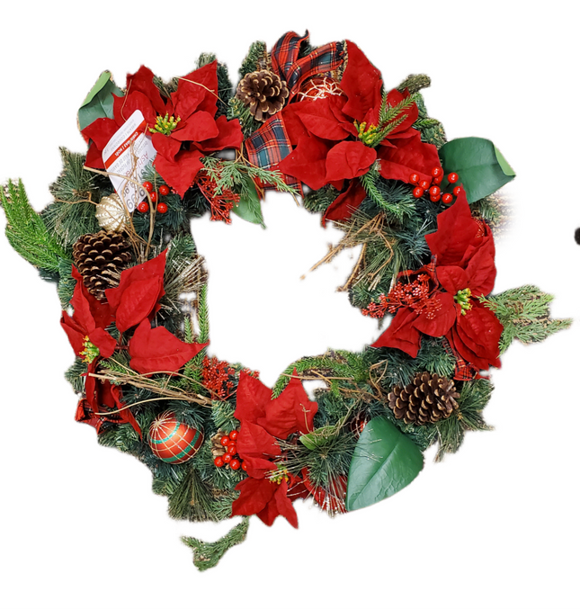 Premium Floral Poinsettia with Plaid Ribbon Christmas Wreath by Ashland Decor