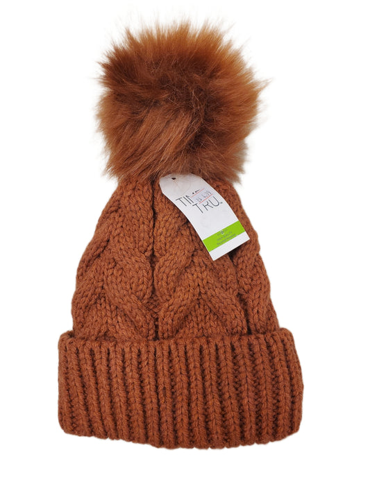 TIME AND TRU, BEANIE WITH POM, BROWN, ONE SIZE FITS MOST