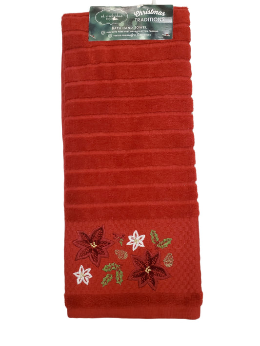 CHRISTMAS TRADITIONS Red Bath Hand Towel, Embroidery BOTANICAL St. Nicholas Square