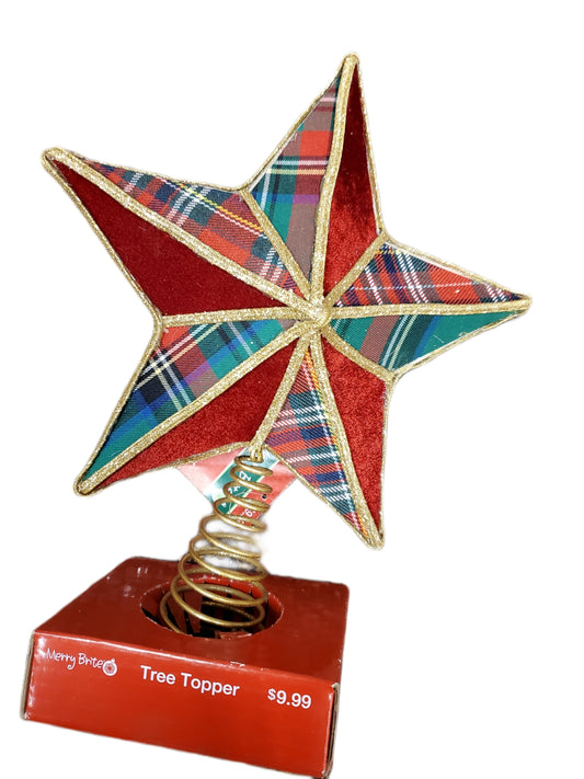 MERRY BRITE CHRISTMAS TREE TOPPER 12.5 in  PLAID