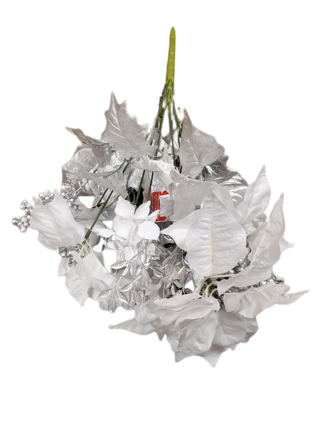 Silver Poinsettia & Peony Christmas Spray 21"