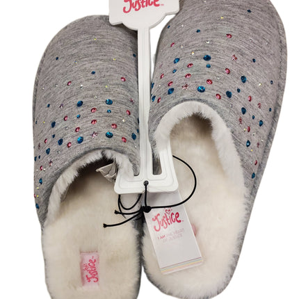 Super Soft FUZZY Girls Justice Slippers GREY WITH GEMS