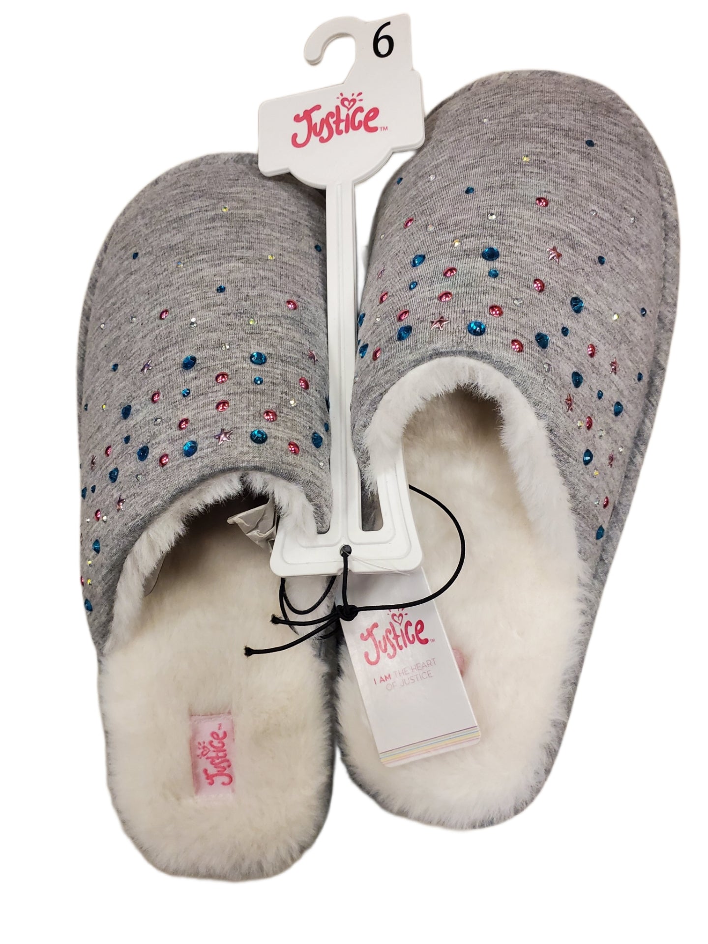 Super Soft FUZZY Girls Justice Slippers GREY WITH GEMS