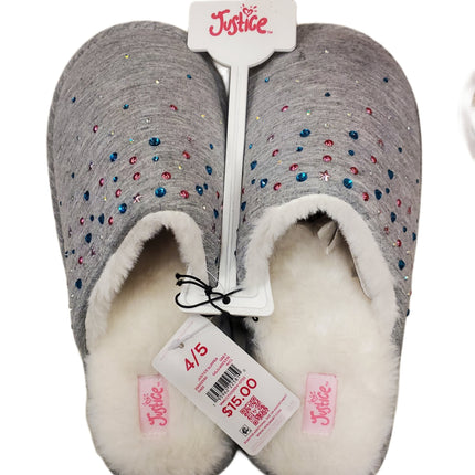 Super Soft FUZZY Girls Justice Slippers GREY WITH GEMS