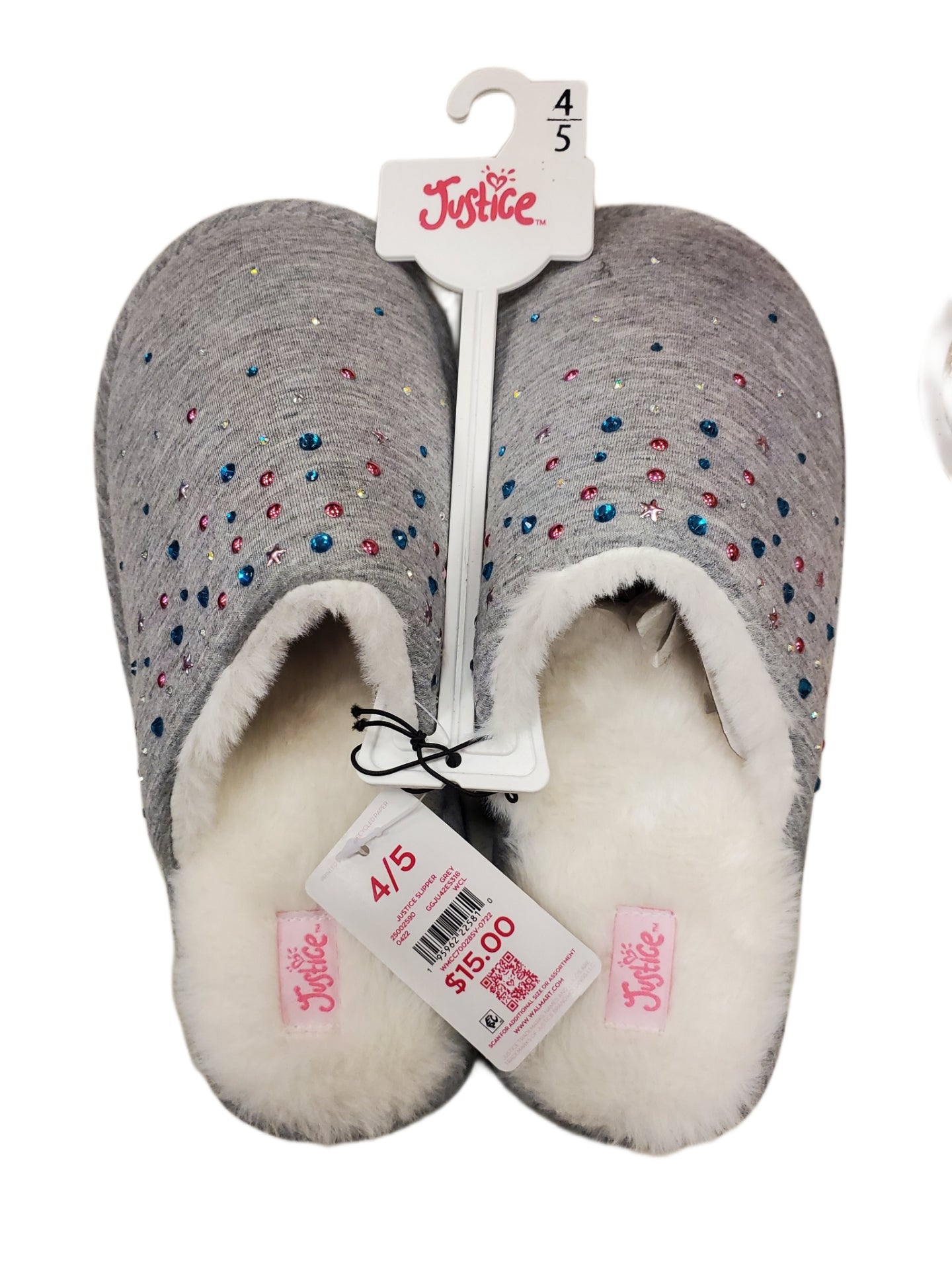 Super Soft FUZZY Girls Justice Slippers GREY WITH GEMS