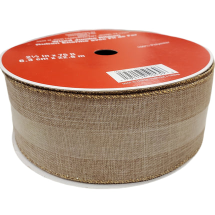 Wired Christmas Ribbon Tan 2.5" x 75ft with Gold Trim
