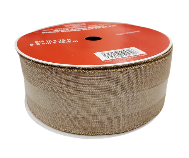 Wired Christmas Ribbon Tan 2.5" x 75ft with Gold Trim