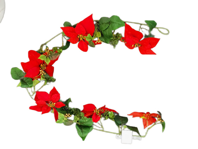 6ft Christmas Poinsettia & Gold Berries Garland