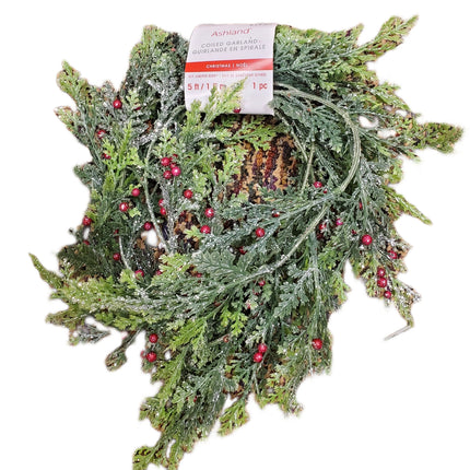 Ashland 5ft Christmas Glittery Evergreens and Red Berries Coiled Garland Decor