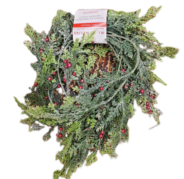 Ashland 5ft Christmas Glittery Evergreens and Red Berries Coiled Garland Decor