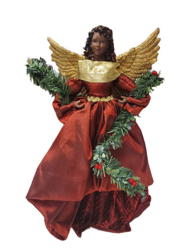 18" Black Angel Christmas Tree Topper - Gold/Red Detail