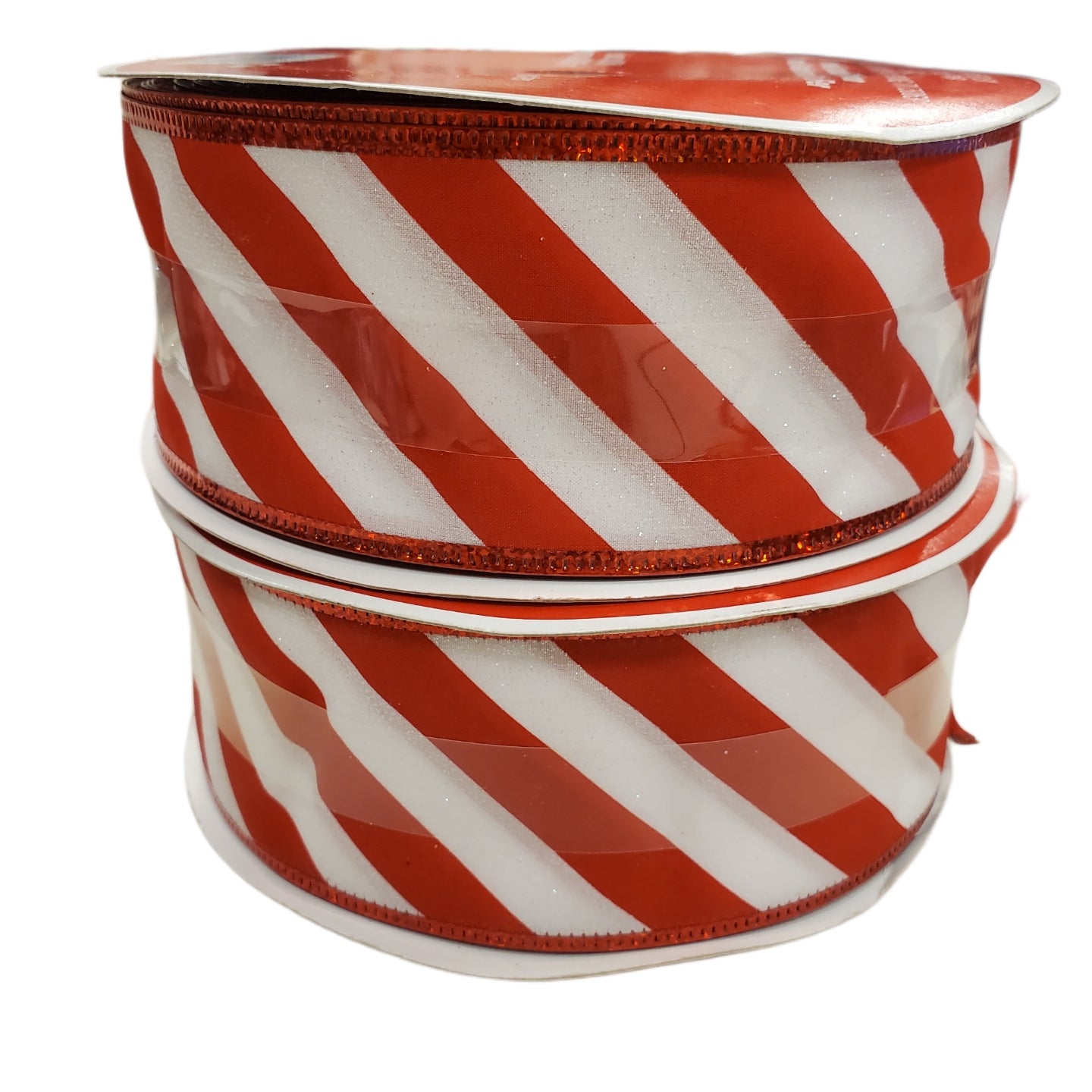 WIRED Ribbon Red W/ White Glitter, Candy Cane Stripes 2.5 in X 80 ft 1-pc