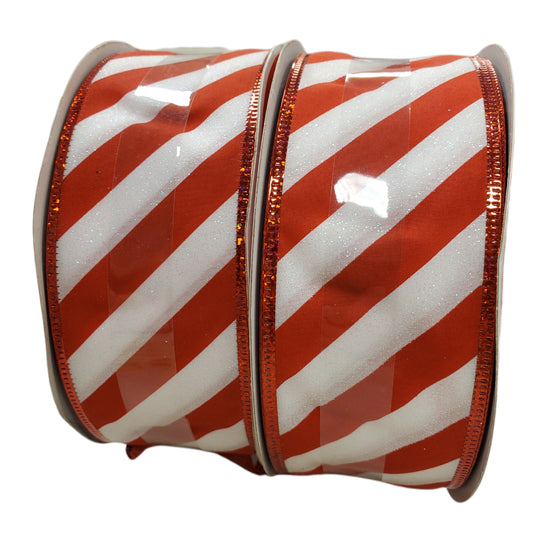 WIRED Ribbon Red W/ White Glitter, Candy Cane Stripes 2.5 in X 80 ft 1-pc