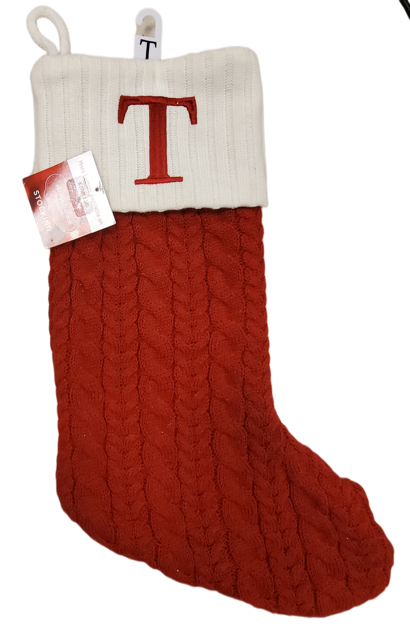 St. Nicholas Square Monogram Red Cable Knit Christmas Initial Stocking "T"