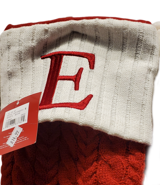 St. Nicholas Square Monogram Red Cable Knit Christmas Initial Stocking "E" NWT