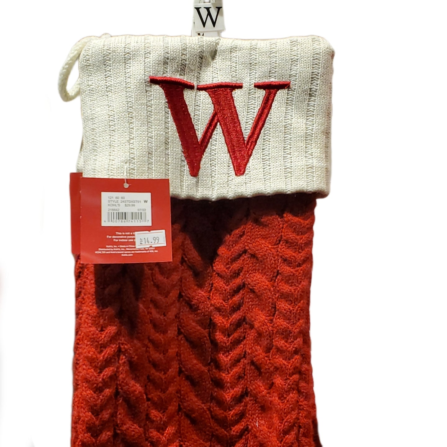 St. Nicholas Square Monogram Red Cable Knit Christmas Initial Stocking "W" NWT