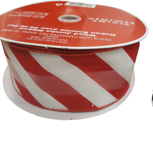 WIRED JUMBO Ribbon Red W/ White NO Glitter, Candy Cane Stripes 2.5 in X 80 ft 1-pc