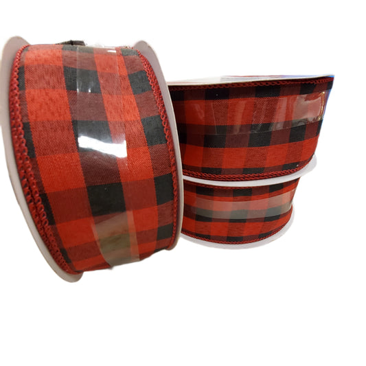 WIRED JUMBO Ribbon Black & RED Plaid NO Glitter,  2.5 in X 80 ft 1-pc