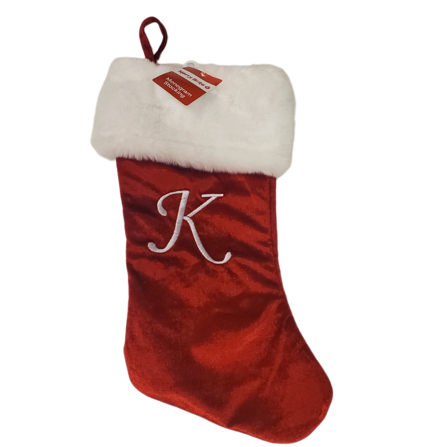 MERRY BRITE  MONOGRAMED STOCKING CHRISTMAS LETTER K 16"