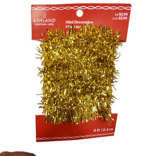 MERRY BRITE CHRISTMAS MINI DECORATIONS GOLD TINSEL GARLAND 8 ft