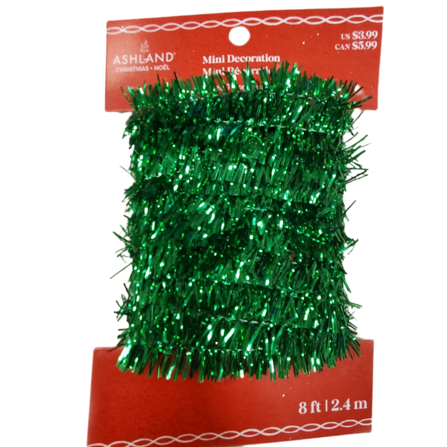 MERRY BRITE CHRISTMAS MINI DECORATIONS GREEN TINSEL GARLAND 8 ft