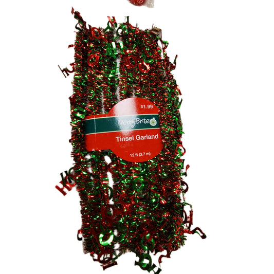 MERRY BRITE CHRISTMAS MINI DECORATIONS GREEN & RED TINSEL GARLAND 12 ft