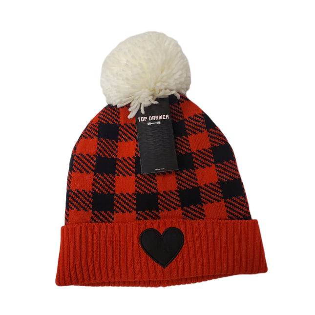 Plaid Cold Weather Beanie with Heart Detail