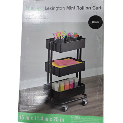 Simply Tidy Lexington Mini Rolling Cart packaging in black, featuring 3-tier storage, wheels, and dimensions 15" x 11.4" x 25" for craft and home organization.