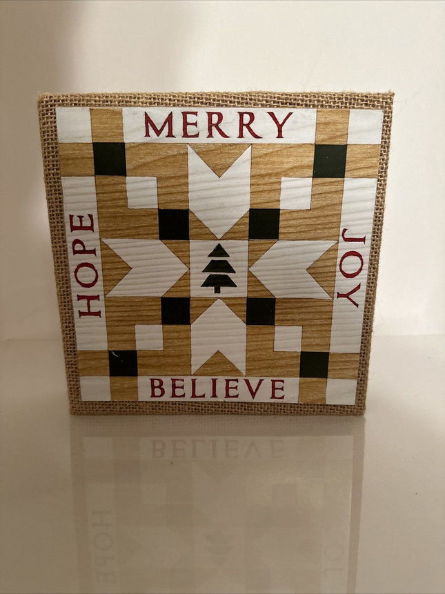Ashland Merry joy  Believe Hope Burlap Christmas Tree Red Sign Tabletop Decor