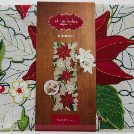 Christmas St Nicholas Square 36x13 Embroidered Poinsettia Cut Out Table Runner