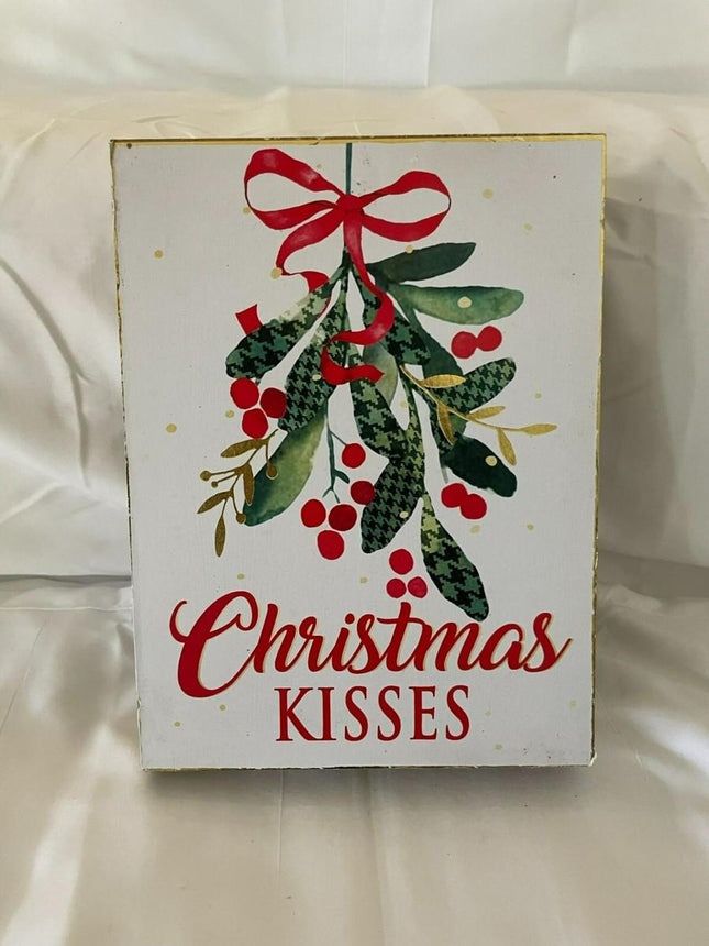 Ashland Rustic Wooden Mistletoe Christmas Kisses Tabletop Decor NWT 8"x6"