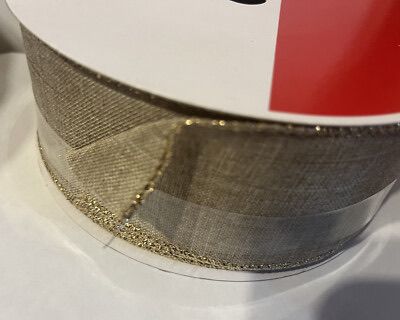 Wired Christmas Ribbon Tan 2.5" x 75ft with Gold Trim