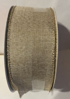 Wired Christmas Ribbon Tan 2.5" x 75ft with Gold Trim