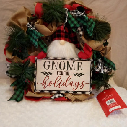 21" Holiday Gnome Wreath - Green, Red & Burlap Brown