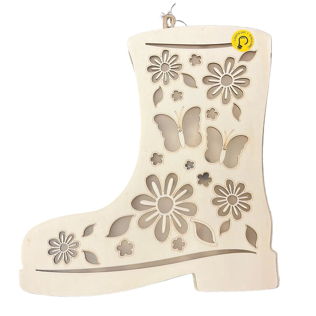 Make Market DIY LED Plywood Décor – Floral Butterfly Boot (10" H × 9" W, Wall‑Hangable)