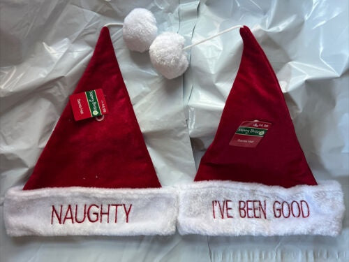 Merry Brite Santa Hats Naughty & I've Been Good Red Plush Embroidered Letters