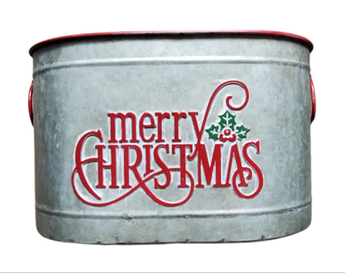 Merry Christmas metal bucket floral container red and green letters