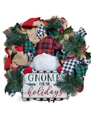 21" Holiday Gnome Wreath - Green, Red & Burlap Brown