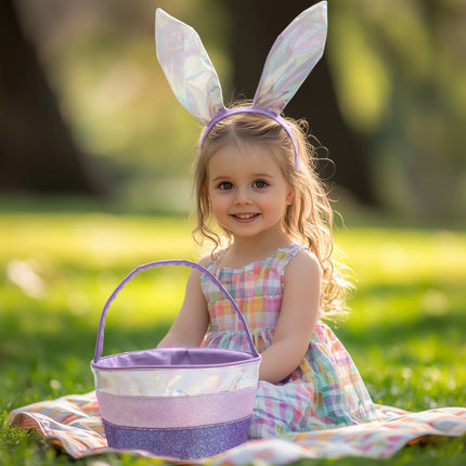 Easter Purple Mixed Fabric Basket with Bunny Ears Headband, 11 in x 6 in
