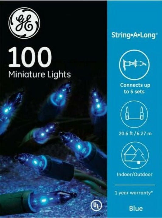 GE String-A-Long 100 Count Blue Mini Light Set Green Wire Indoor/Outdoor NIB